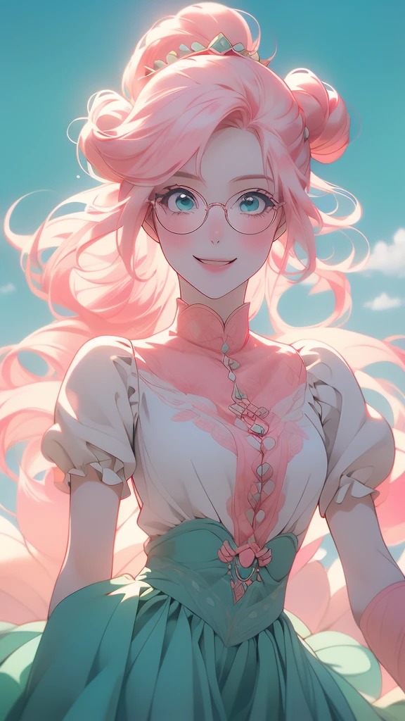 the female with hair and glasses has big eyes, and her smile and eyes, 1girl, solo, glasses, double bun, hair bun, hair, smile, bangs,Cheerful girl,(risheirmgardweitzner,pink_hair,aqua_eyes,:1.2),