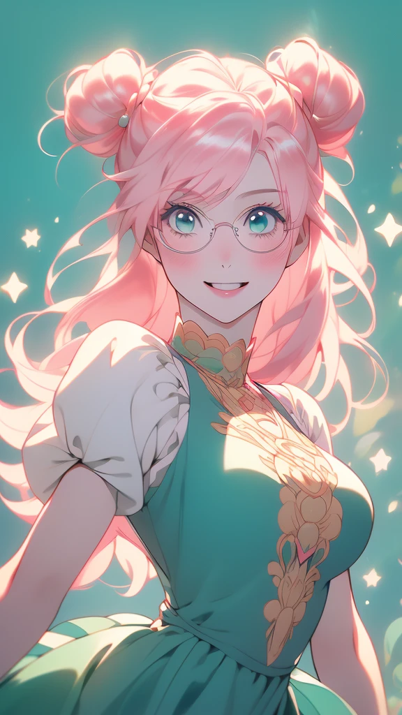 the female  with  hair and glasses has big eyes, and her smile and  eyes, 1girl, solo, glasses, double bun, hair bun,  hair, smile, bangs,Cheerful girl,(risheirmgardweitzner,pink_hair,aqua_eyes,:1.2), 