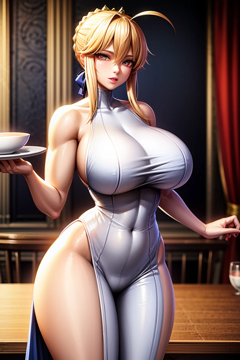 Artoria pendragon, shiny hair, blonde hair, long hair, pink eyes, curvy, muscular female, large breasts, dining room, beautiful detached eyes, dress, white dress,