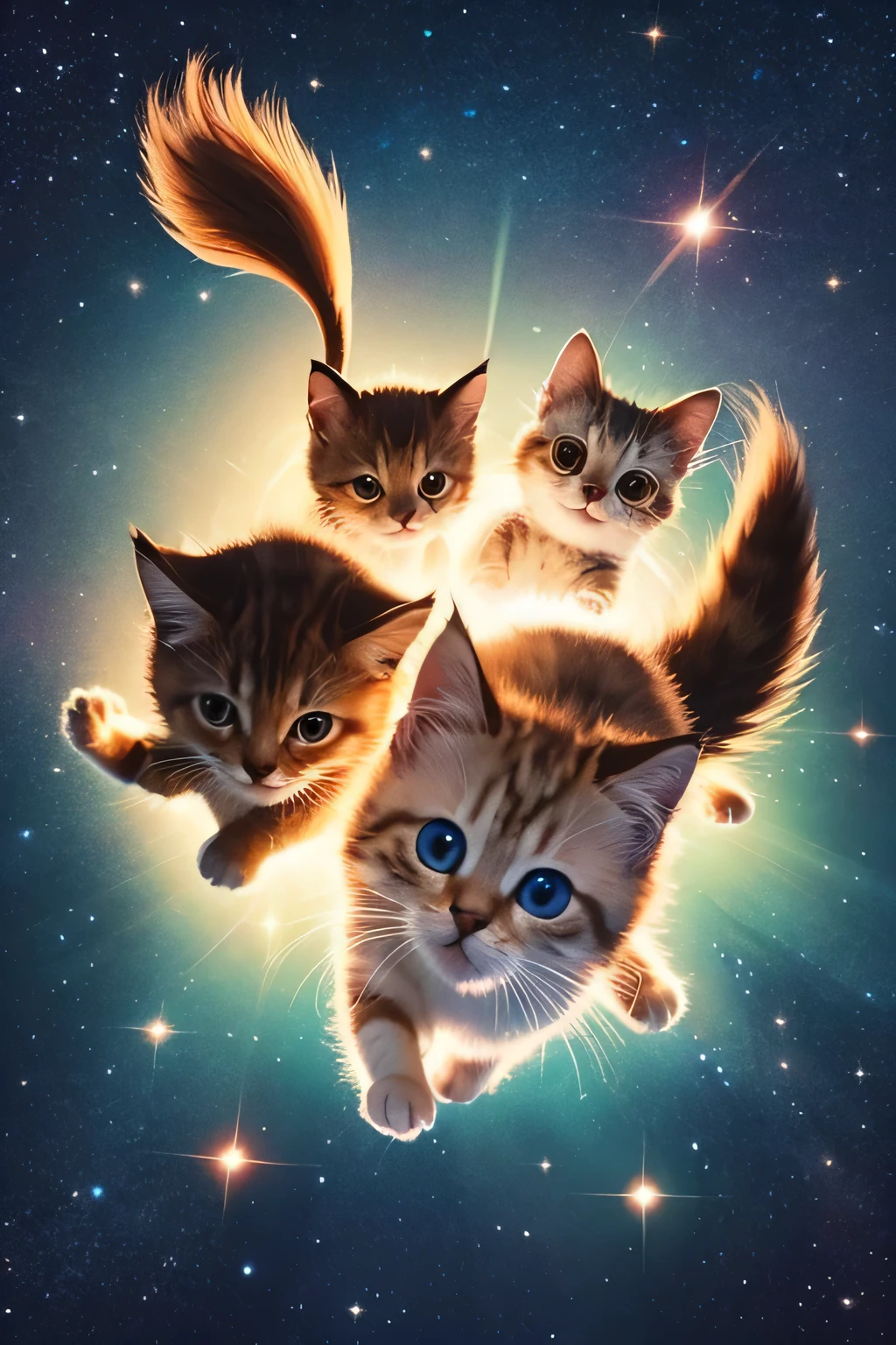 Animated illustration of winged kittens happily flying in the starry sky