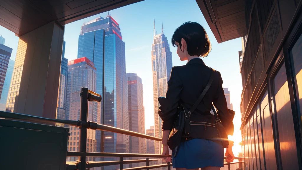 official art , BREAK ,back view , a girl , black hair , looking up , BREAK , in city , countless Skyscraper:1.3 , sky, BREAK, fine line drawing:1.4, fine detail:1.3, Backlighting, BREAK , 8K , best quality:2 , masterpiece:2 ,
