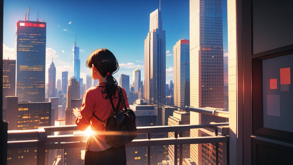 official art , BREAK ,back view , a girl , black hair , looking up , BREAK , in city , countless Skyscraper:1.3 , sky, BREAK, fine line drawing:1.4, fine detail:1.3, Backlighting, BREAK , 8K , best quality:2 , masterpiece:2 ,