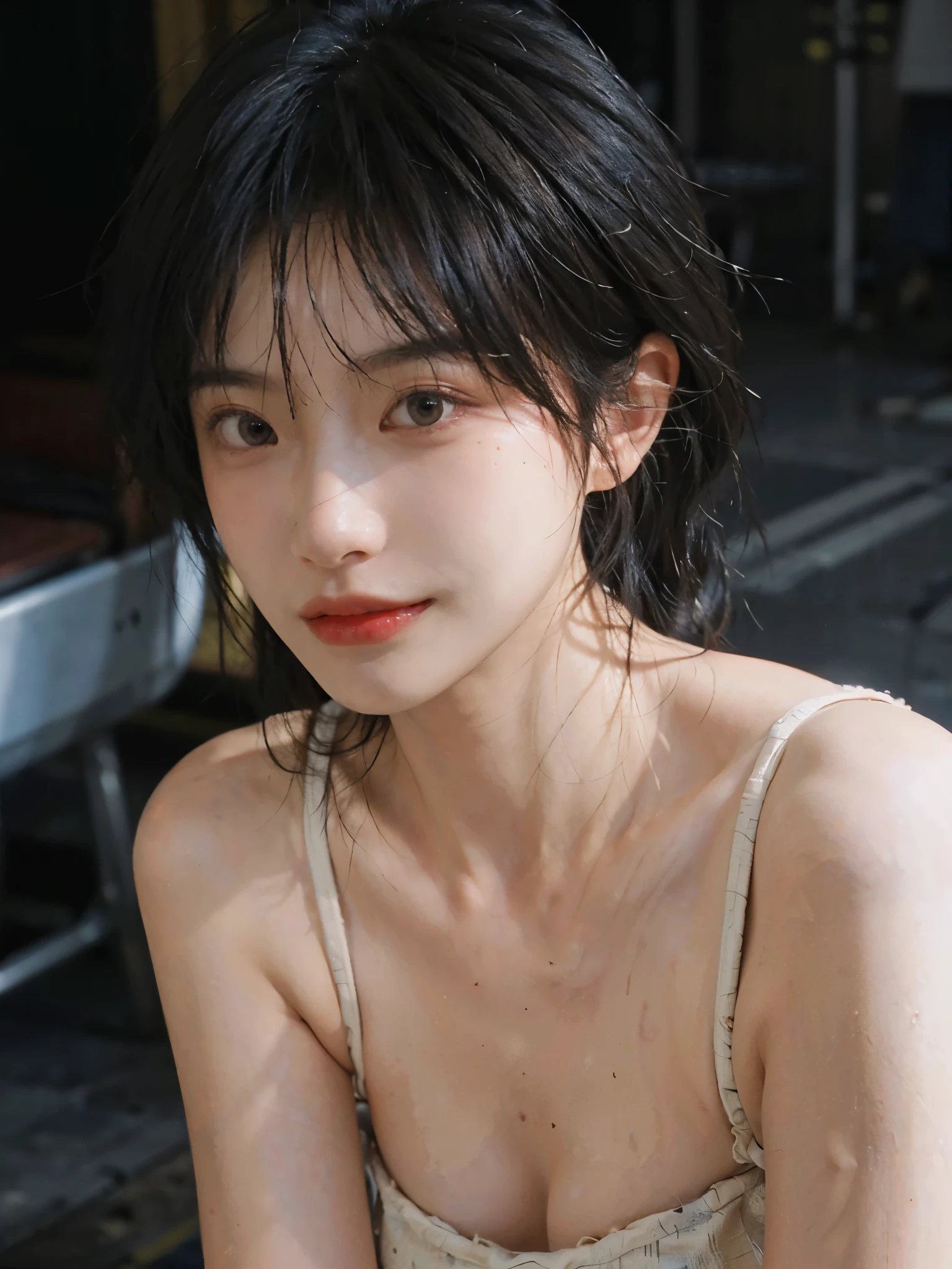 (Skin details:1.4), (smooth skin textures:1.3), (Upper body:1.4),(Upper Body:1.3)Lipstick, background, earrings, serene, calm, (Realistic and detailed eyes:1.2), Natural skin texture, Realistic facial details, Soft dramatic lighting, Vivid details, 35 mm film, outdoor, (Photo Practical:1.4), (hyper Practical:1.4), (Practical:1.3), (Smoother lighting:1.05), (Improve lighting quality:0.9), (Highest quality real skin textures:1.4), Exquisite eyes, Delicate face, Close-up of face, (Enhance the beauty of skin texture:1.1), Hair details,(Large Breasts:1.3)normal body ratio, short hair, Moles under the eyes, A faint smile,Portrait Photography, Depth of Field, Bokeh, Surrealism, Ray Tracing, (Portrait Photography:1.1), Surrealism, High Detail, Chiaroscuro, Ray Tracing, reflected light, Ultra HD, Ultra HD, masterpiece, Textured Skin, Super Detail, High Detail, high quality, best quality