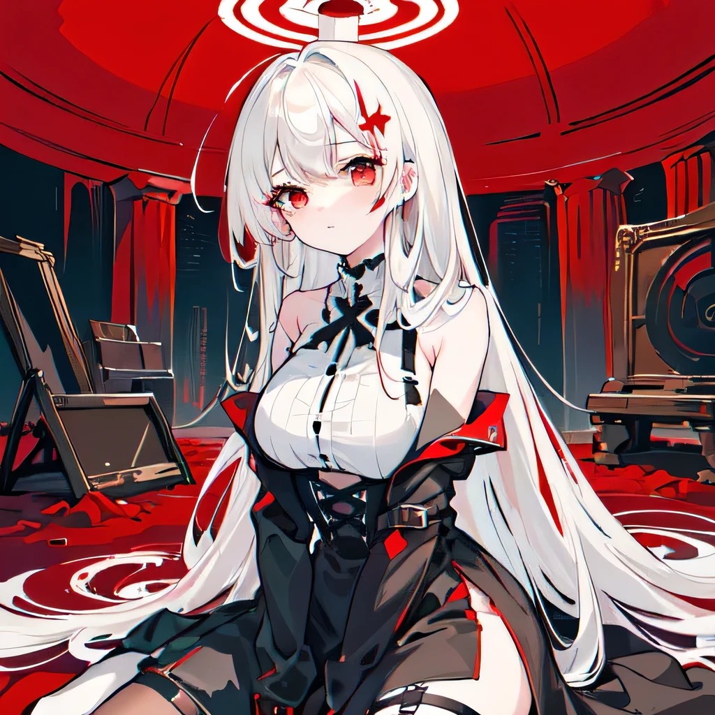 A girl, Solitary, ((Large target: 1.4)), ((there is nothing)), ((masterpiece)), ((best quality)), (Very detailed)), Large target_File size, Rich colors, Detailed background, Long white hair, Red Eyes, (Eyeliner), Crumbled ruins, Cyber Gothic, Red, sit, Transparent dress, light, ruins, ruins, night, Rose, ruins