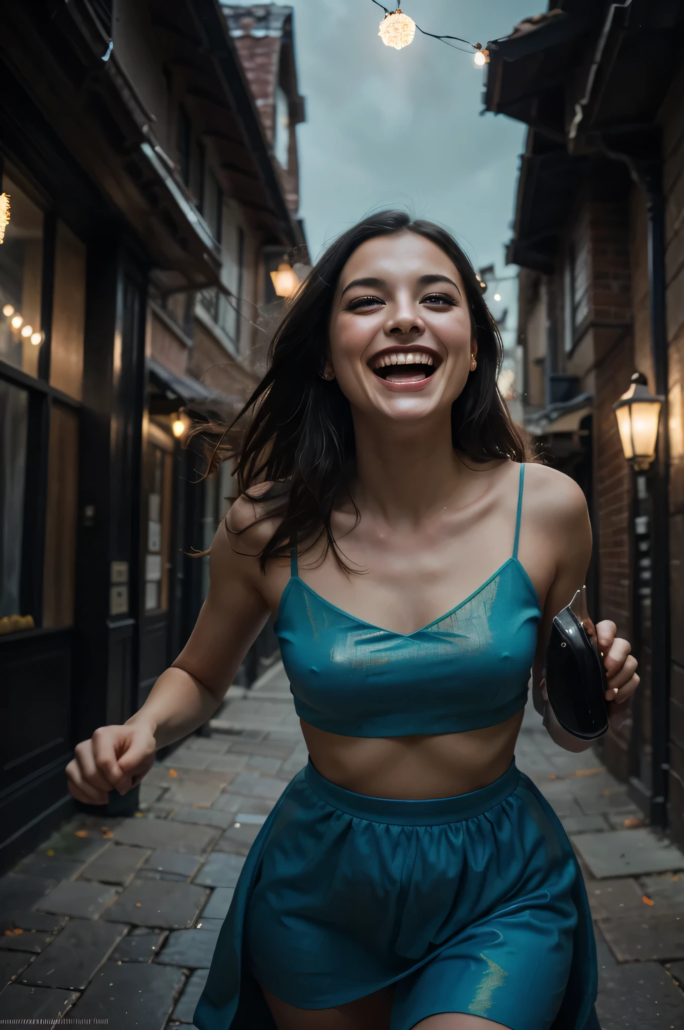 1girl, laughing, black hair, blue eyes, sopi,  Subtle narrative, festive atmosphere, atmospheric perspective, dynamic movement, ethereal quality,solo,low fantasy,Lively Brushwork, Striking Composition, Psychedelic Imagery,