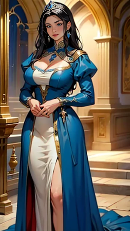 Masterpiece, ultra detailed, highest quality, beautiful european woman, black hair, blue eyes, large breasts, royal dress, medieval setting, fantasy, princess