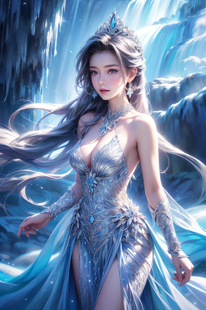 dutch angle. wood, Exquisite mini ice spikes and crystals, A frozen waterfall in the background, Light reflected by ice crystals, Flowing snowflakes.1 girl、pretty girl,A realistic person,Beautiful cleavage,((medium breasts)),Thin legs、Tight waist、standing, Long dress,Halter neck