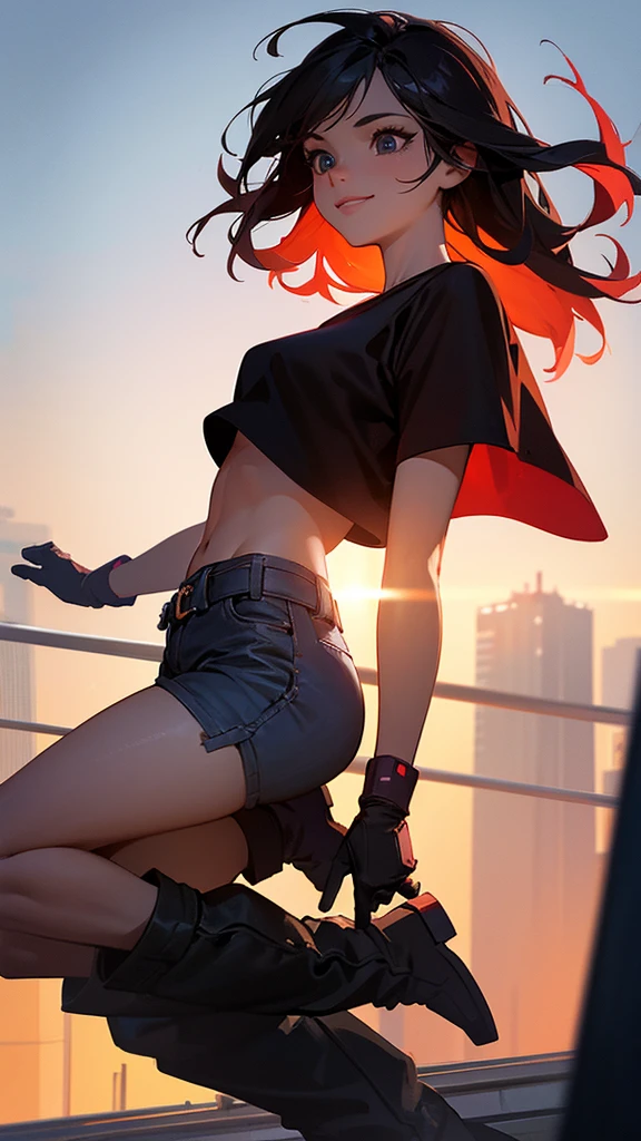 a woman jumping off the rooftop towards the sky, smiling, wearing shorts, boots, cropped t-shirt, detailed face and expressions, cinematic lighting, dramatic angle, vibrant colors, photorealistic, 8k, masterpiece