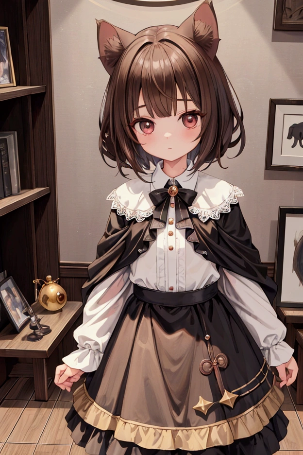 ((Highest quality)), ((masterpiece)), (detailed),COWBOY SHOT One girl, cute Five fingers Small dog ears Brown shorthair Petite Normal chest No human ears Big eyes Her eyes are black first round whole body Brown Wizard A study room with a magic circle on the floor