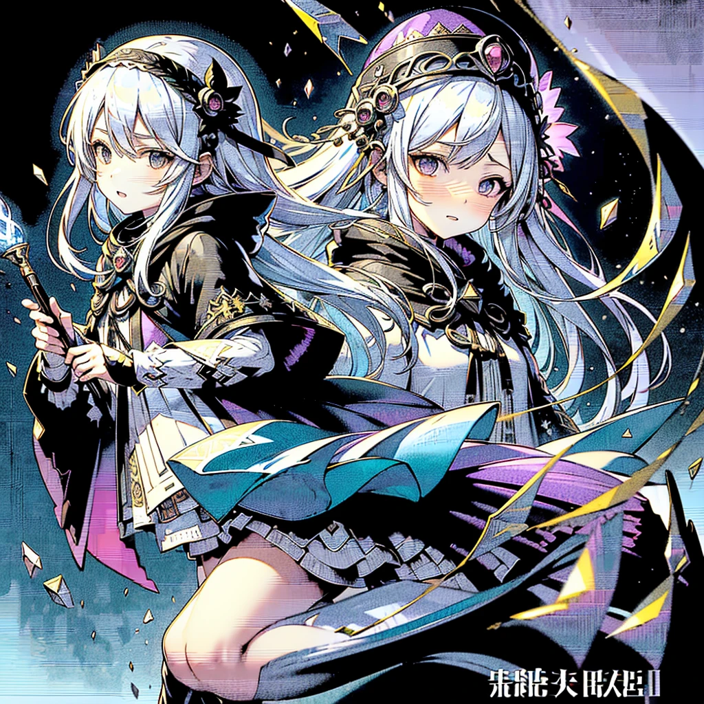 1girl,(((Highest quality、Masterpiece、Official Art、The best dynamic composition、Super detailed、Perfect Anatomy)))、Anime Style、White hair and light blue gradient long hair、Black hooded cloak、Mini Pleated Skirt、Baby Face、Holding a giant cute magic wand at an angle with both handagenta Heart Fractal Art、