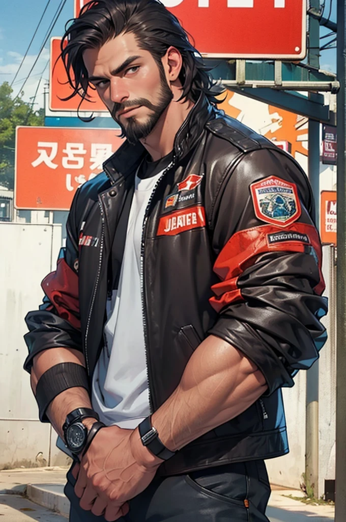 masterpiece, best quality, 1daddy, solo, leather jacket, beard, rugged face, sturdy, looking at viewer, leaning against motorcycle, arms crossed, detailed face