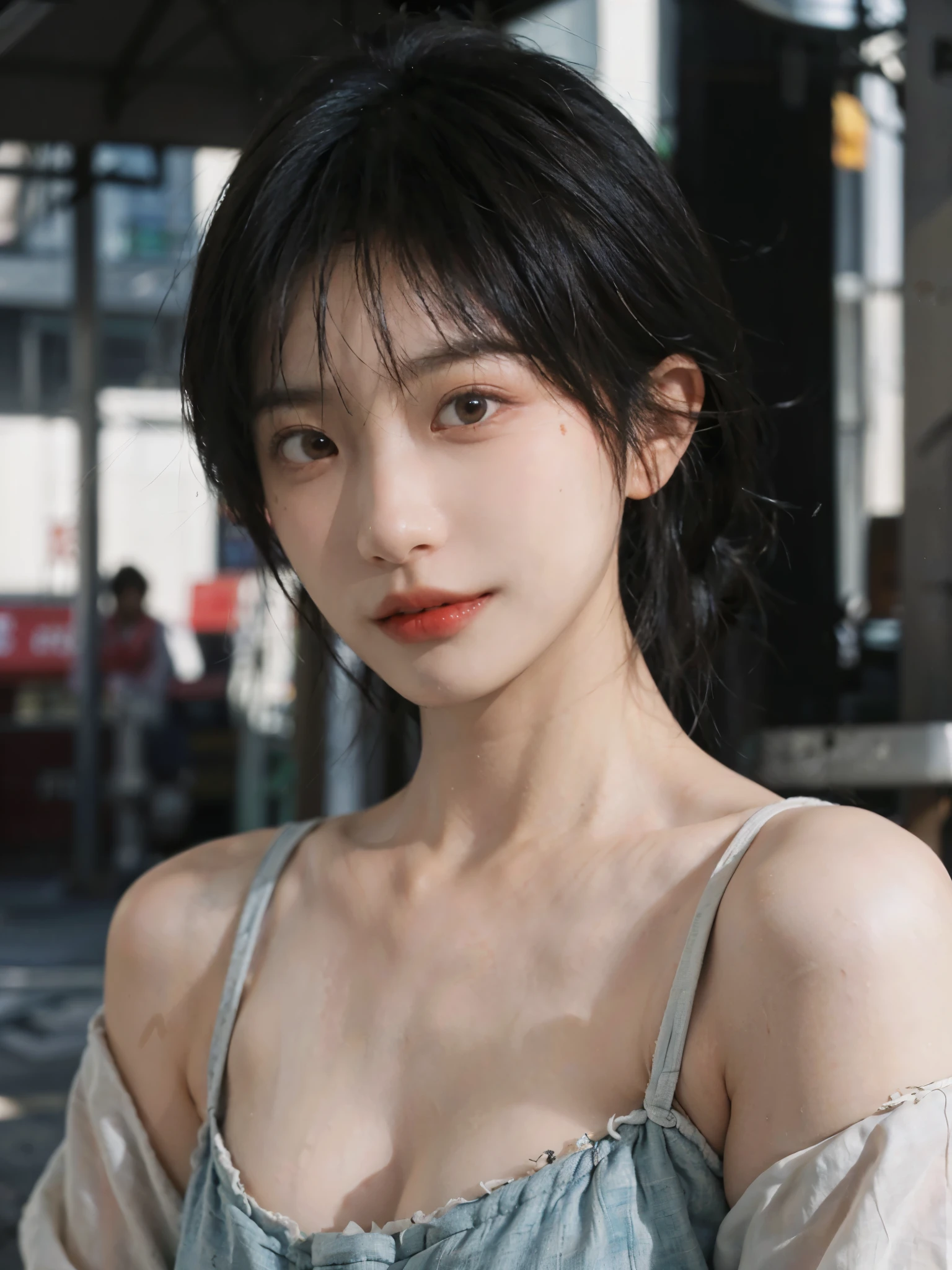 (Skin details:1.4), (smooth skin textures:1.3), （Upper body：1.4），（Upper Body：1.3）Lipstick, background, earrings, serene, calm, (Realistic and detailed eyes：1.2）, Natural skin texture, Realistic facial details, Soft dramatic lighting, Vivid details, 35 mm film, outdoor, (Photo Practical:1.4), (hyper Practical:1.4), (Practical:1.3), (Smoother lighting:1.05), (Improve lighting quality:0.9), (Highest quality real skin textures:1.4), Exquisite eyes, Delicate face, Close-up of face, (Enhance the beauty of skin texture:1.1), Hair details,（Large Breasts：1.3）normal body ratio, short hair, Moles under the eyes, A faint smile,Portrait Photography, Depth of Field, Bokeh, Surrealism, Ray Tracing, (Portrait Photography:1.1), Surrealism, High Detail, Chiaroscuro, Ray Tracing, reflected light, Ultra HD, Ultra HD, masterpiece, Textured Skin, Super Detail, High Detail, high quality, best quality