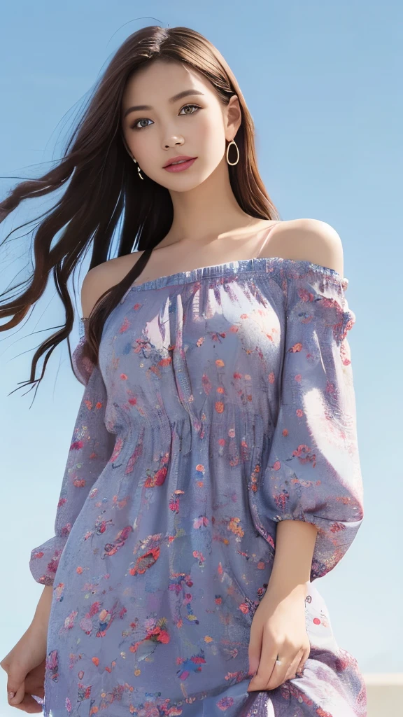 feature is、A young woman with big blue eyes and long flowing hair that changes color from blue to pink.。she、Standing against a bright, clear blue sky with a few white clouds。women are、A white, loose long-sleeved top is draped over the shoulders.、She is wearing a colorful and vibrant strapless dress.。Pink for the dress、yellow、Various green floral patterns are drawn、It features gradations such as blue and orange.。Her expression is soft、Looks like you're a little curious。Hold the edge of the dress with one hand、Pull a little to the side、The other hand is lightly placed on her hip。Red all around、yellow、Large orange colorful petals scattered、It gives the scene a bright and lively atmosphere.。