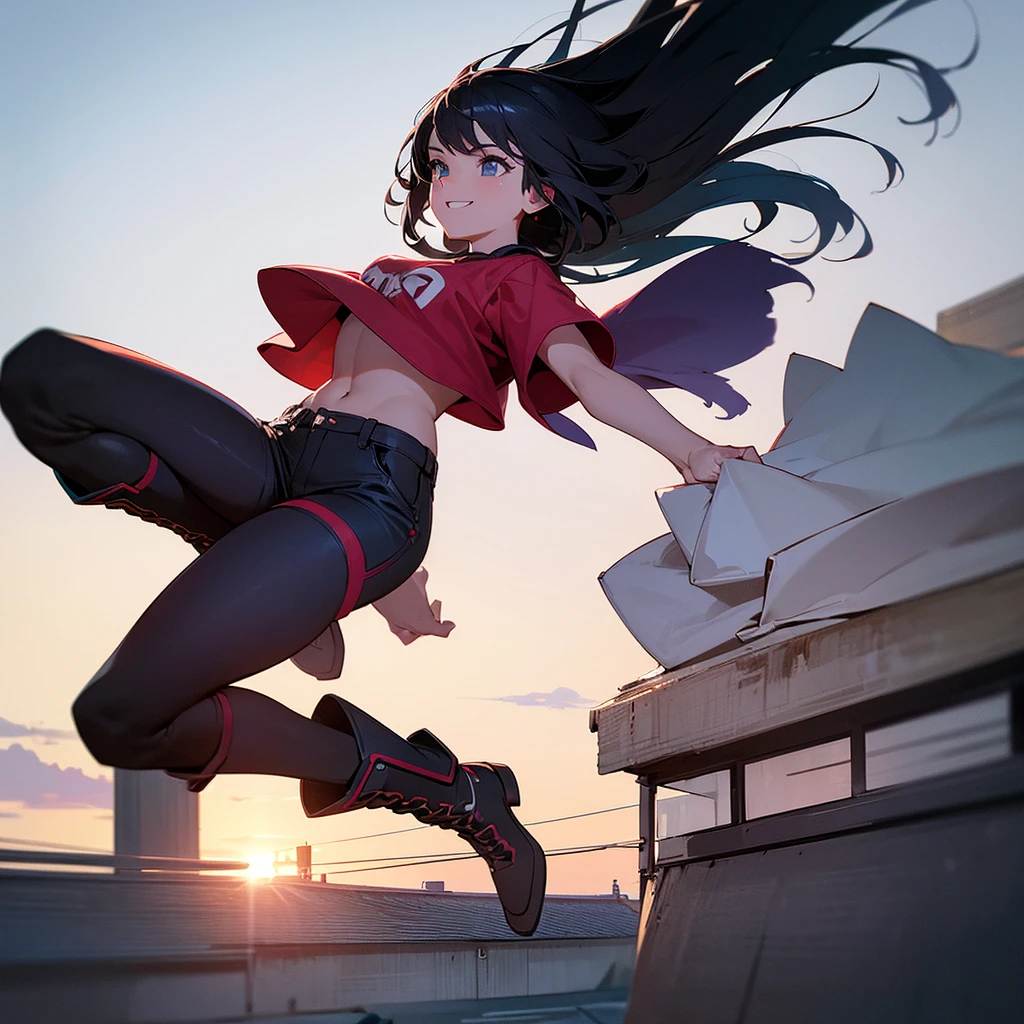 a woman jumping off the rooftop towards the sky, smiling, wearing shorts, boots, cropped t-shirt, detailed face and expressions, cinematic lighting, dramatic angle, vibrant colors, photorealistic, 8k, masterpiece