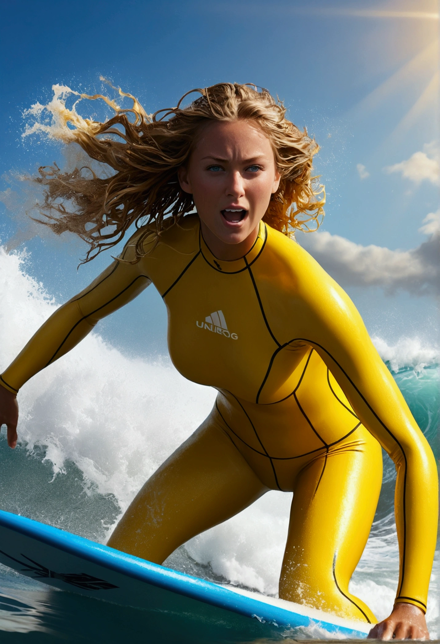 a busty surfer girl riding a giant wave, ocean waves, detailed face features, surfer girl in yellow wet suits, blue waves, ocean, water splash, sunlight, wet hair, dynamic pose, action, awe-inspiring, best quality, 4k, 8k, highres, masterpiece, ultra-detailed, realistic, photorealistic, photo-realistic, HDR, UHD, studio lighting, ultra-fine painting, sharp focus, physically-based rendering, extreme detail description, professional, vivid colors, bokeh, seascape, surfing, sports