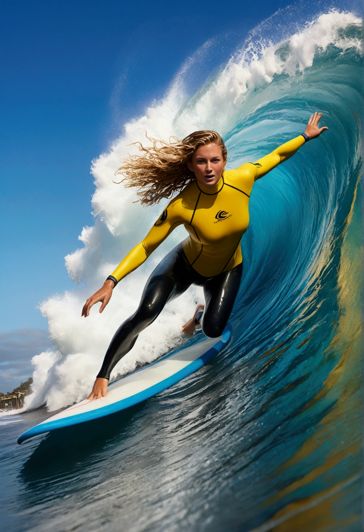 a busty surfer girl riding a giant wave, ocean waves, detailed face features, surfer girl in yellow wet suits, blue waves, ocean, water splash, sunlight, wet hair, dynamic pose, action, awe-inspiring, best quality, 4k, 8k, highres, masterpiece, ultra-detailed, realistic, photorealistic, photo-realistic, HDR, UHD, studio lighting, ultra-fine painting, sharp focus, physically-based rendering, extreme detail description, professional, vivid colors, bokeh, seascape, surfing, sports