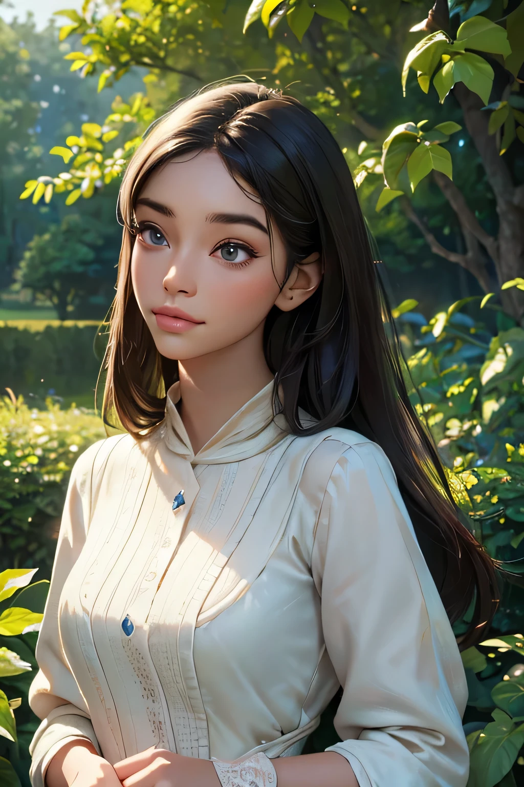 (best quality,4k,8k,highres,masterpiece:1.2),ultra-detailed,(realistic,photorealistic,photo-realistic:1.37),A girl in a garden,portraits,beautiful detailed eyes,beautiful detailed lips,extremely detailed eyes and face,longeyelashes,natural lighting,greenery,peaceful ambiance,flowing dress,flying hair,gentle sunlight,vivid colors,aesthetic composition,soft shadows,subtle breeze,serene expression,relaxed posture,harmonious background,dreamy atmosphere