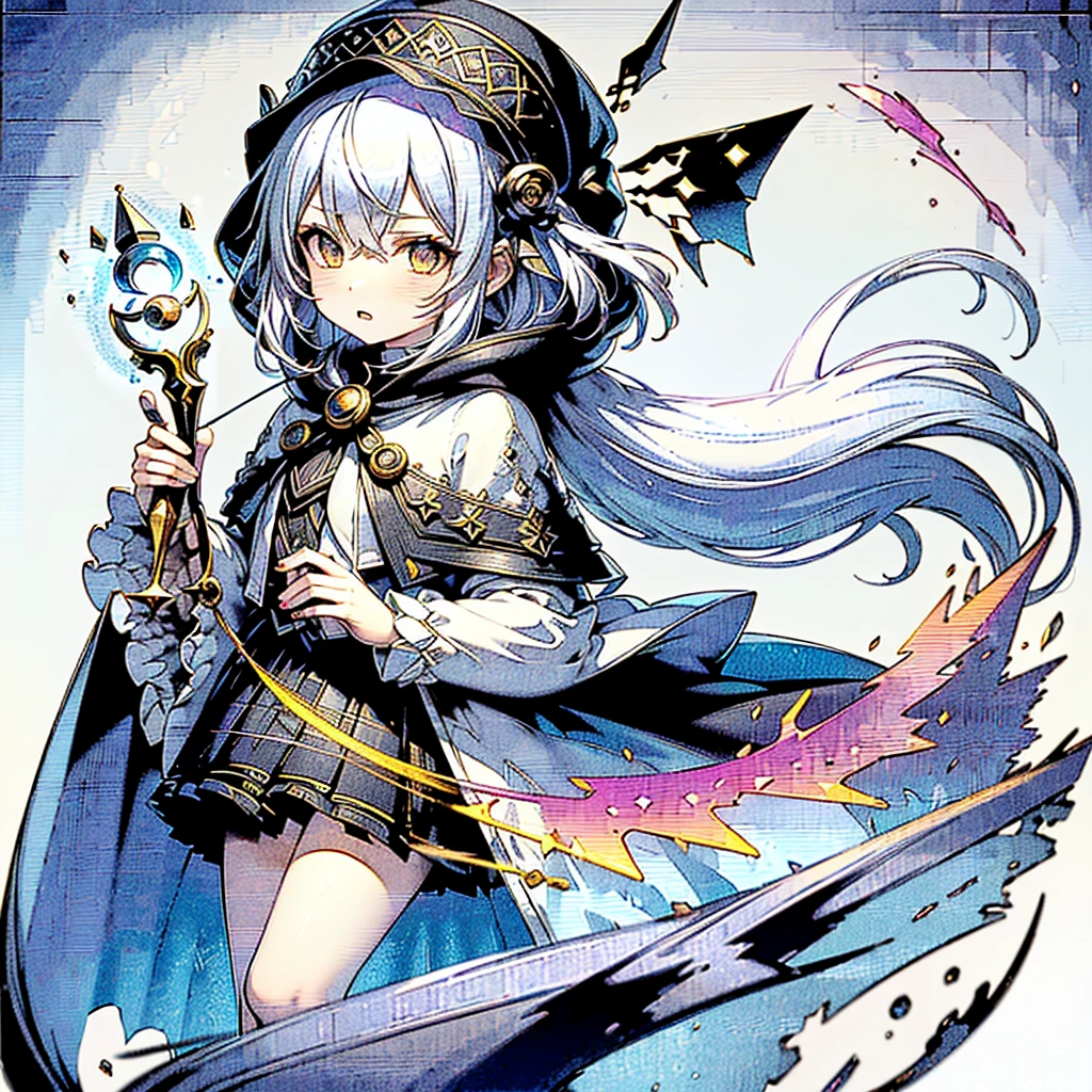 1girl,(((Highest quality、Masterpiece、Official Art、The best dynamic composition、Super detailed、Perfect Anatomy)))、Anime Style、White hair and light blue gradient long hair、Black hooded cloak、Mini Pleated Skirt、Baby Face、Holding a giant cute magic wand at an angle with both handagenta Heart Fractal Art、