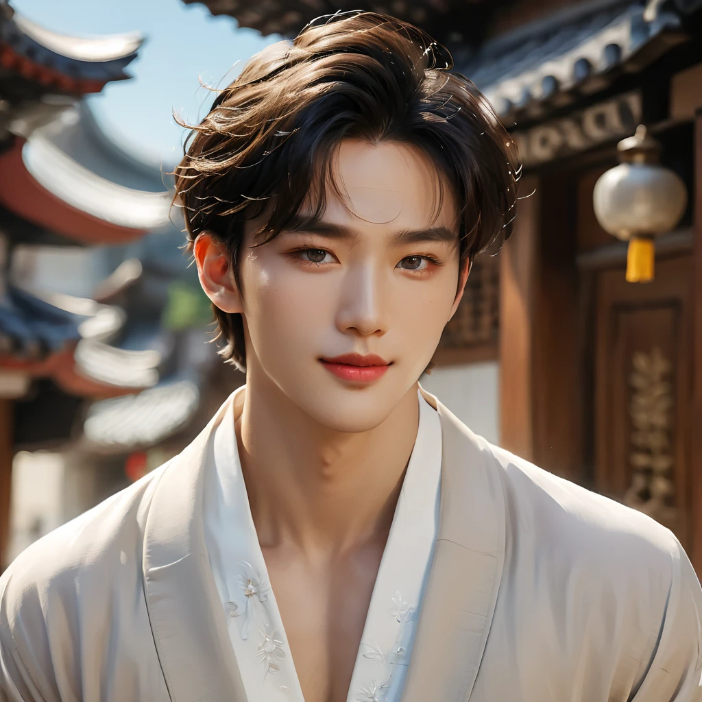 Handsome boy korean,illustration,painterly style,beautiful detailed eyes,beautiful detailed lips,ultra-detailed hair and face,fashionable clothing,confident smile,Wide-shouldered,lean body,strong physique,intense gaze,handsome features,premium quality,high resolution(masterpiece:1.2),professional lighting,rich and vibrant colors,subtle shadows,natural skin tones,soft and warm color palette