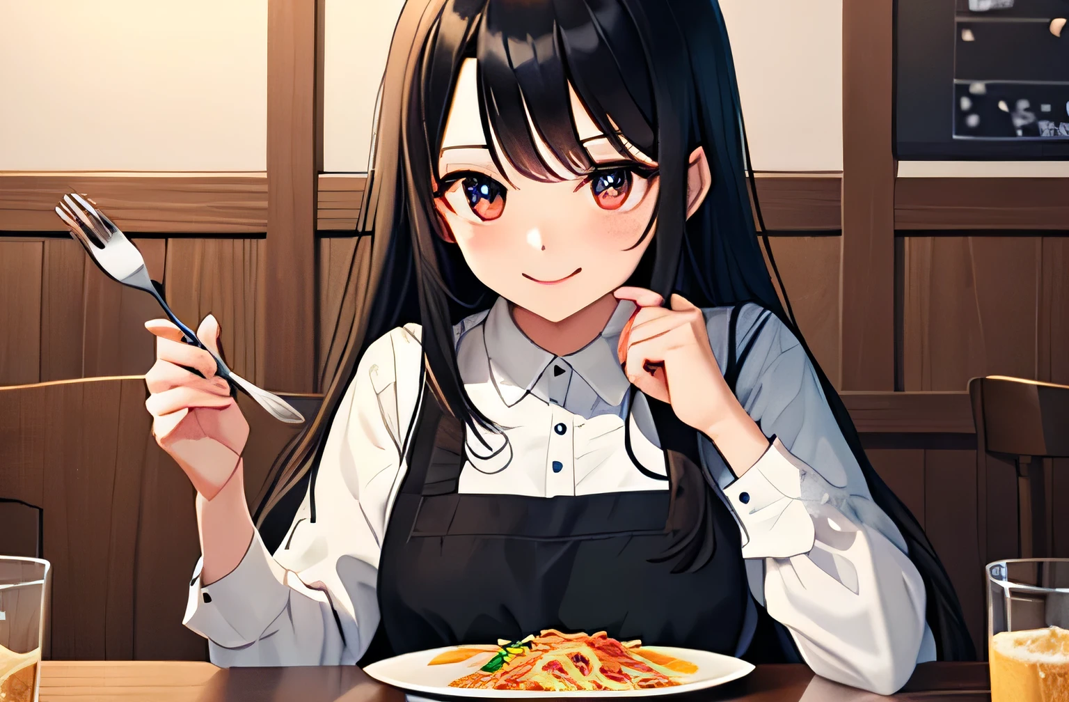 Highest quality,One Woman,Long black hair,A scene where they are eating,Holding a fork,There is pasta on the table,The pasta is made with freshly cut tomatoes.,smile,The eyes are particularly high quality.,The color of the clothes is light blue,