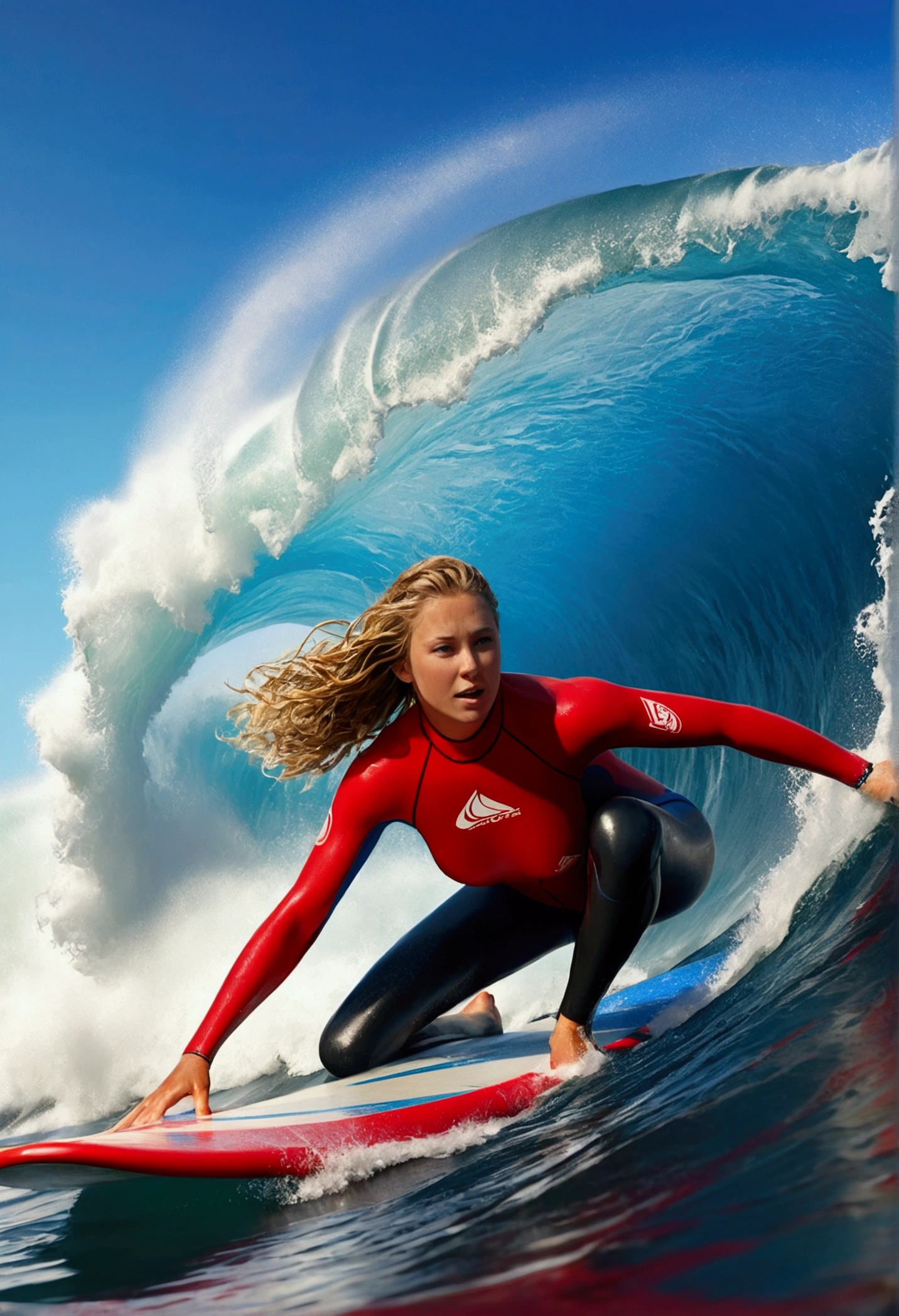 a busty surfer girl riding a giant wave, ocean waves, detailed face features, surfer girl in yellow wet suits, blue waves, ocean, water splash, sunlight, wet hair, dynamic pose, action, awe-inspiring, best quality, 4k, 8k, highres, masterpiece, ultra-detailed, realistic, photorealistic, photo-realistic, HDR, UHD, studio lighting, ultra-fine painting, sharp focus, physically-based rendering, extreme detail description, professional, vivid colors, bokeh, seascape, surfing, sports