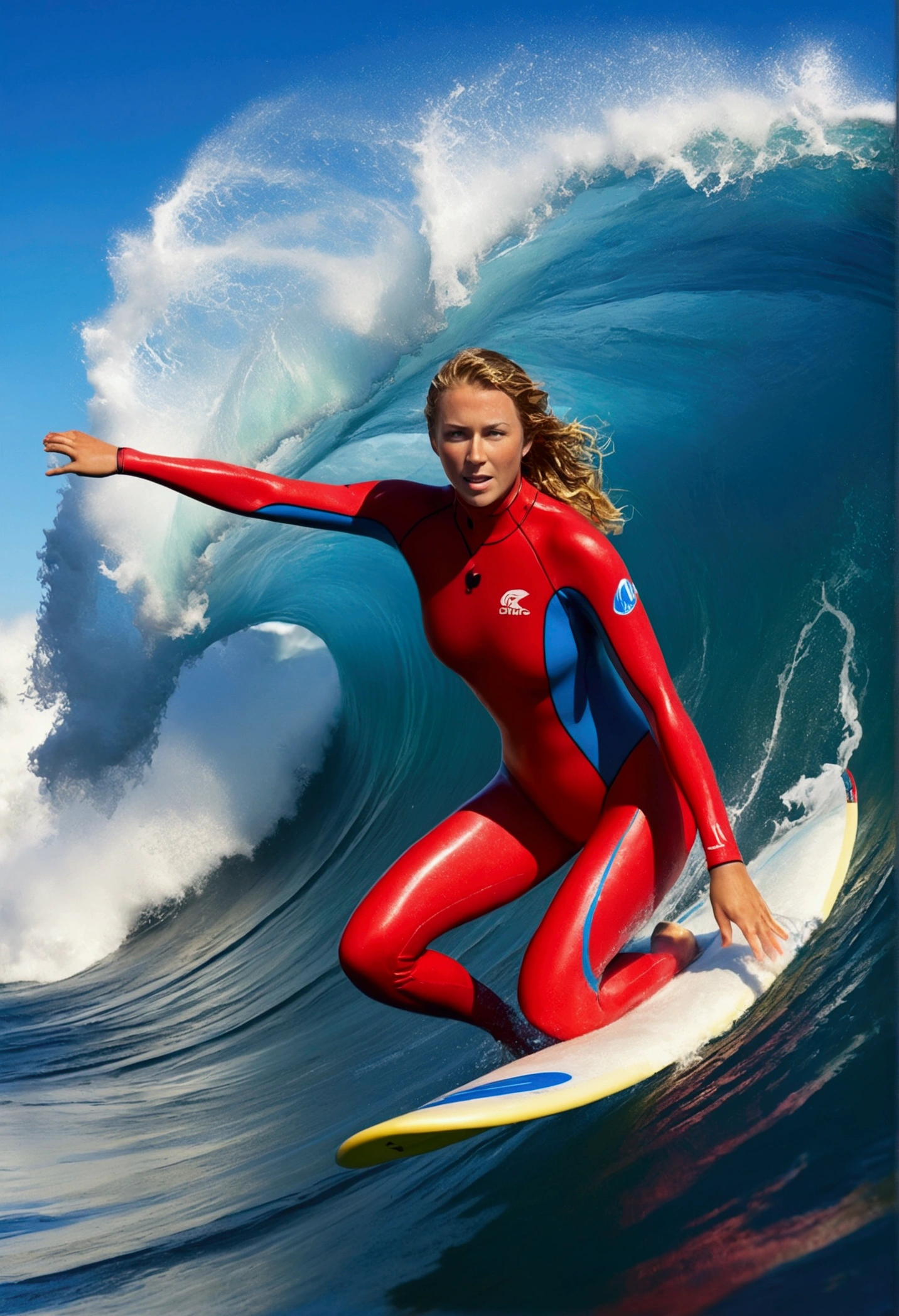 a busty surfer girl riding a giant wave, ocean waves, detailed face features, surfer girl in yellow wet suits, blue waves, ocean, water splash, sunlight, wet hair, dynamic pose, action, awe-inspiring, best quality, 4k, 8k, highres, masterpiece, ultra-detailed, realistic, photorealistic, photo-realistic, HDR, UHD, studio lighting, ultra-fine painting, sharp focus, physically-based rendering, extreme detail description, professional, vivid colors, bokeh, seascape, surfing, sports