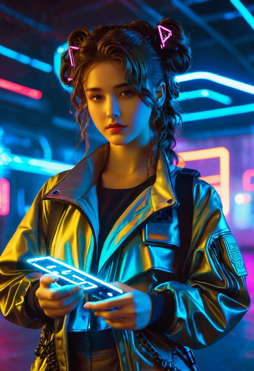 A fictitious female character with wavy brown hair, typically tied back, and brown eyes. She is usually seen in a school uniform but for this image, she is envisioned in a cyberpunk-inspired outfit. This attire consists of neon colors, futuristic, tech-infused clothing with a dystopian touch, including a metallic, holographic jacket, and technologically advanced accessories. As an essential part of her persona, she is holding a futuristic looking device in her hand that serves as her magical wand in this cyberpunk reality.