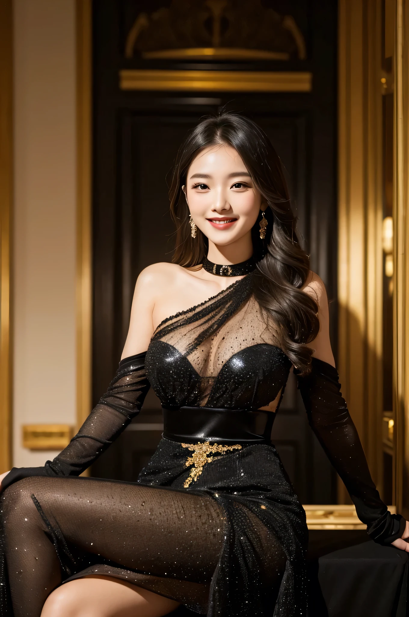 Girl wearing black and gold sexy evening dress,The smile is sweet,Blank Background