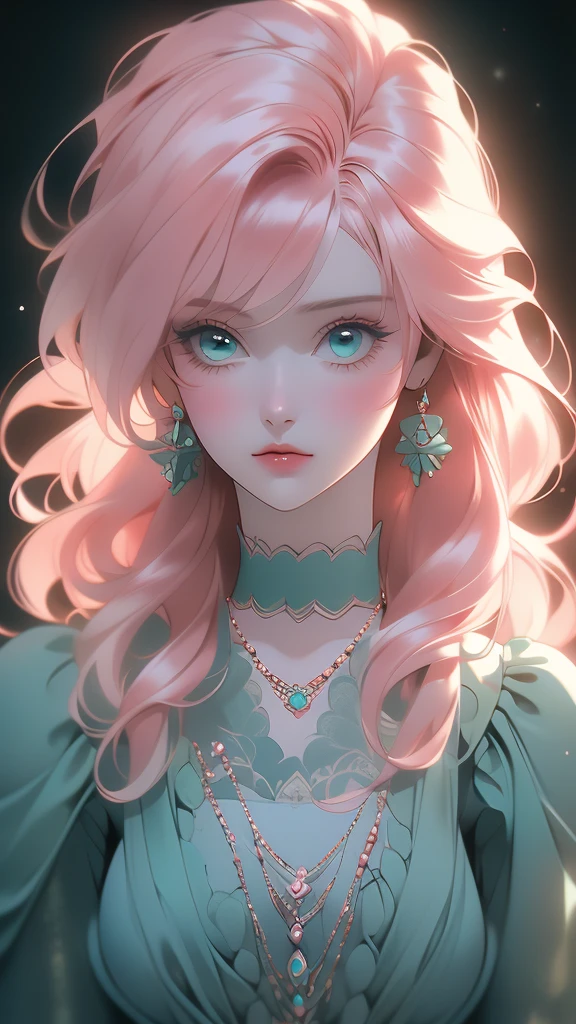 a close up image of a fashion doll seated with hair and wearing light clothes, 1girl, jewelry, solo, hood, hair, earrings, hair over eyes, sitting, necklace, black background,(risheirmgardweitzner,pink_hair,aqua_eyes,:1.2),
