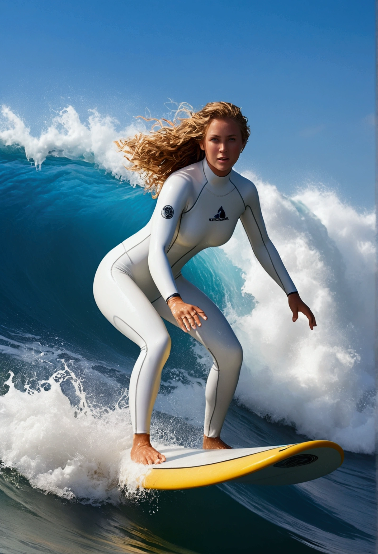 a busty surfer girl riding a giant wave, ocean waves, detailed face features, surfer girl in yellow wet suits, blue waves, ocean, water splash, sunlight, wet hair, dynamic pose, action, awe-inspiring, best quality, 4k, 8k, highres, masterpiece, ultra-detailed, realistic, photorealistic, photo-realistic, HDR, UHD, studio lighting, ultra-fine painting, sharp focus, physically-based rendering, extreme detail description, professional, vivid colors, bokeh, seascape, surfing, sports