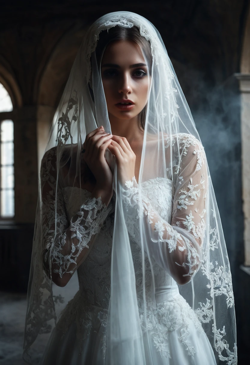 Ultra hot gorgeous European woman ghost in a terrifying haunted building. Her veil is hiding her face.