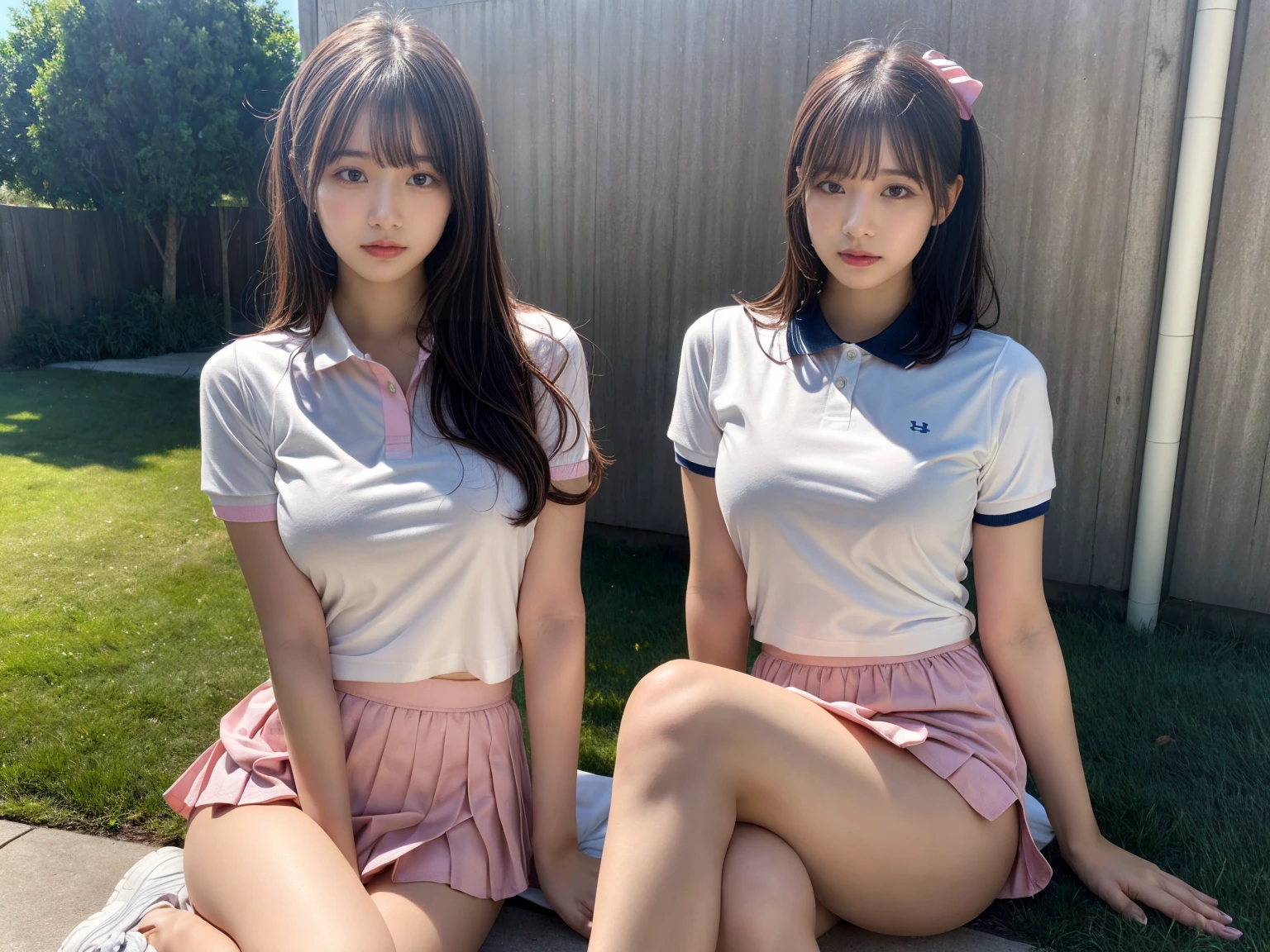 masterpiece, best quality, illustration, Super detailed, fine details, High resolution, 8K,wall paper, perfect dynamic composition,(Details High quality, realistic depiction of eyes:1.3), (2 girls), BREAK (white theme:1.4), (tucked-out short sleeve white polo shirt:1.4), (pink lines on tops outline:1.3), (pure white pleated mini skirt:1.3), (hem of top covers top half of skirt:1.3), (pink fluffy scrunchie on wrist:1.3), (white and pink sports shoes:1.2), sitting, open legs, short bob hair, in a hotel room in the background, deep on field, (large breasts:1.2), black hair color, Big Natural Color Lip, (perfect body shape), crying a little、Harajuku style、20 year old girl、cute type、beautiful legs, Gravure Idol