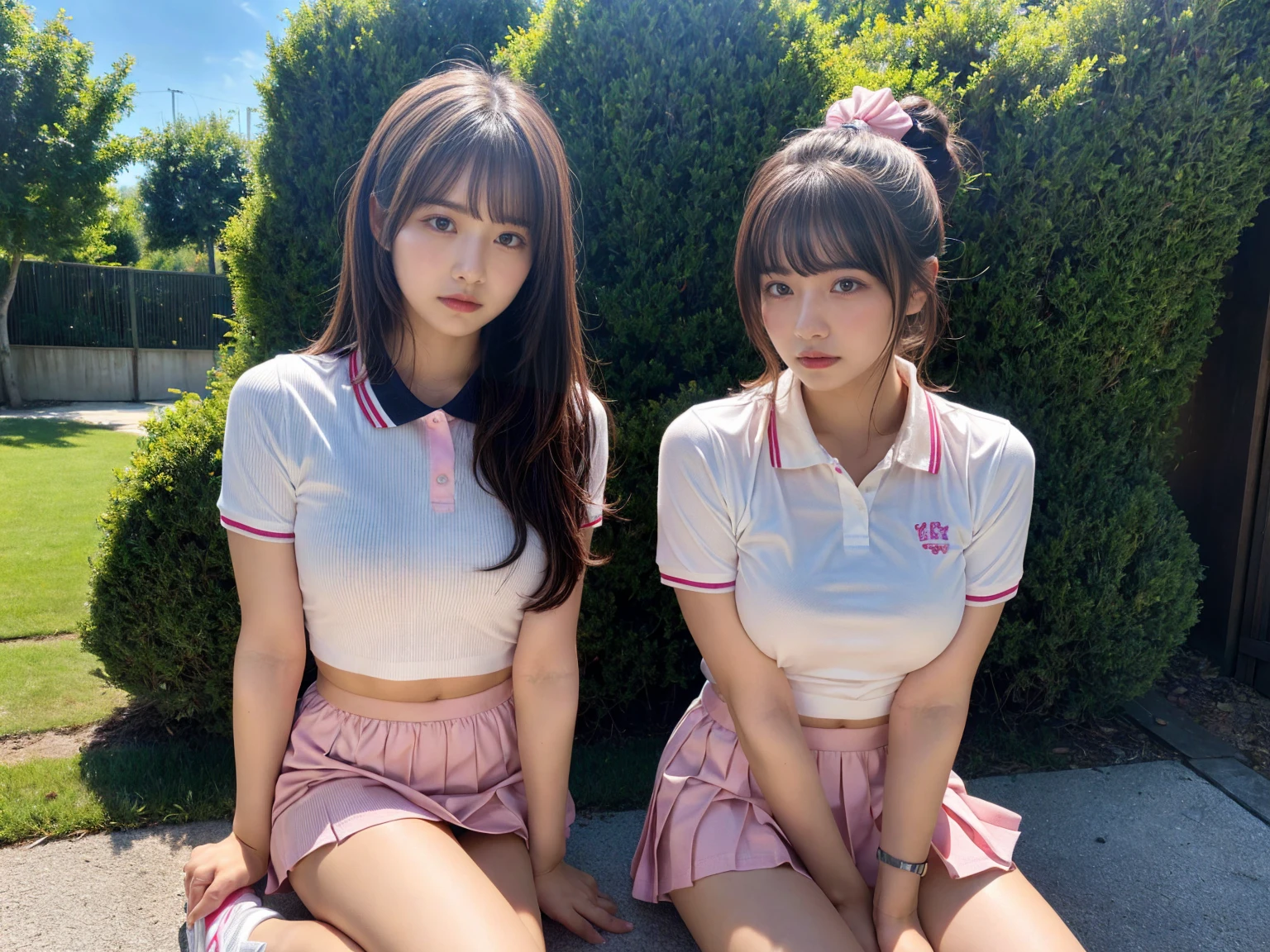 masterpiece, best quality, illustration, Super detailed, fine details, High resolution, 8K,wall paper, perfect dynamic composition,(Details High quality, realistic depiction of eyes:1.3), (2 girls), BREAK (white theme:1.4), (tucked-out short sleeve white polo shirt:1.4), (pink lines on tops outline:1.3), (pure white pleated mini skirt:1.3), (hem of top covers top half of skirt:1.3), (pink fluffy scrunchie on wrist:1.3), (white and pink sports shoes:1.2), sitting, open legs, short bob hair, in a hotel room in the background, deep on field, (large breasts:1.2), black hair color, Big Natural Color Lip, (perfect body shape), crying a little、Harajuku style、20 year old girl、cute type、beautiful legs, Gravure Idol