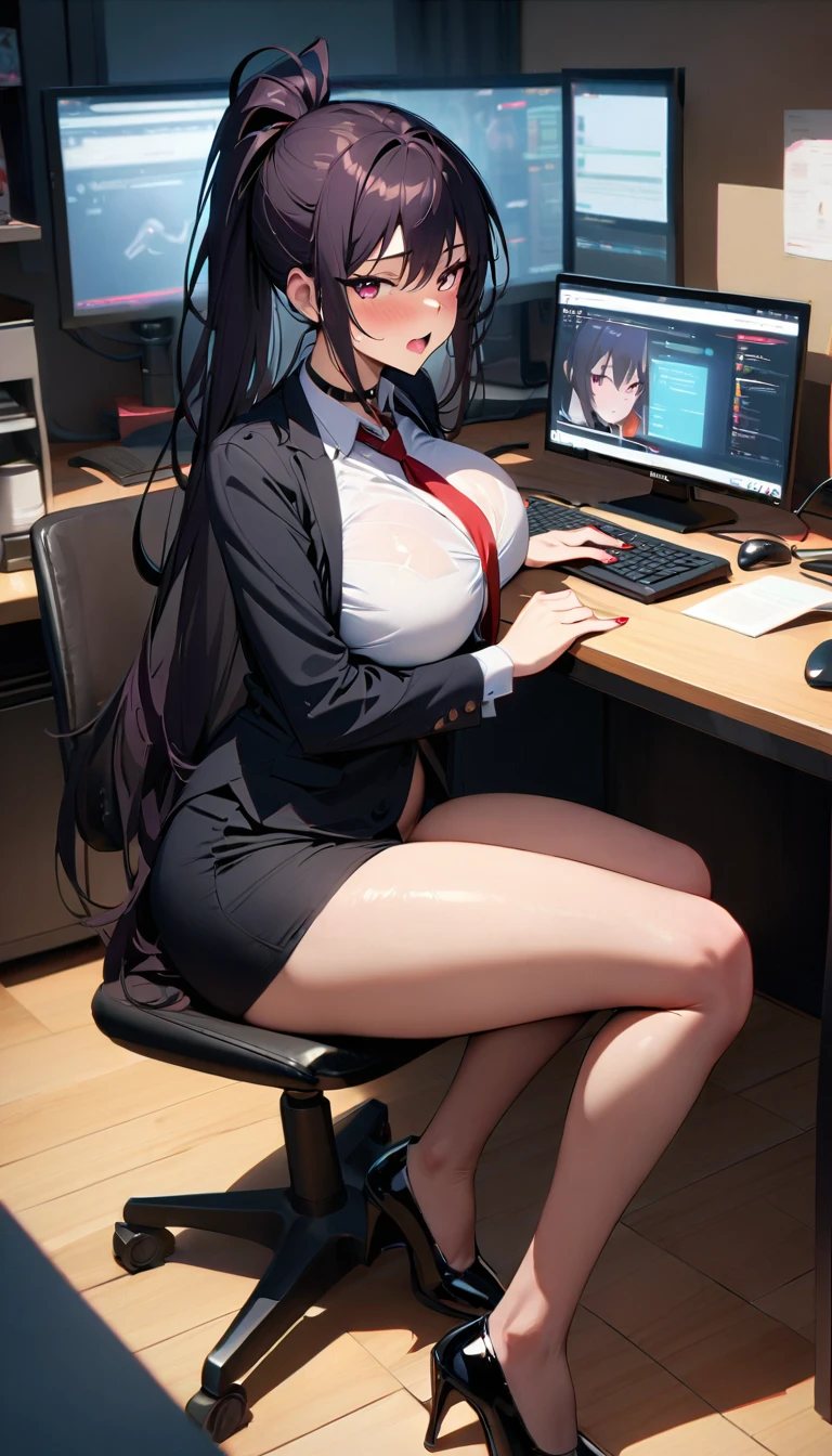 akeno,fullbody, perfect body, detailed face, detailed eyes,sexy,high res,high quality, masterpiece, office uniform,sitting on office chair, office,very sexy,large breasts,black shining heels,open mouth, embarrassed ,blush,top quality,(best quality,4k,8k,highres,masterpiece:1.2),ultra-detailed,portrait, erotic, sensual, voluptuous, glowing skin, detailed facial features, alluring gaze, cinematic lighting, rich colors, dramatic shadows,red nails,look from high, side view,sexy,look from side,black skirt,black pantyhose,white shirt,black jacket,red tie, choker , looking from high, elegant, elegantly sitting,sfw,sits by the office table,look from top,photo at an angle,look from side, detailed heels, working, looking at her table,working on computer, looking at computer ,porno on computer ,watching porno, watching at nude girls,horny, whorehouse background