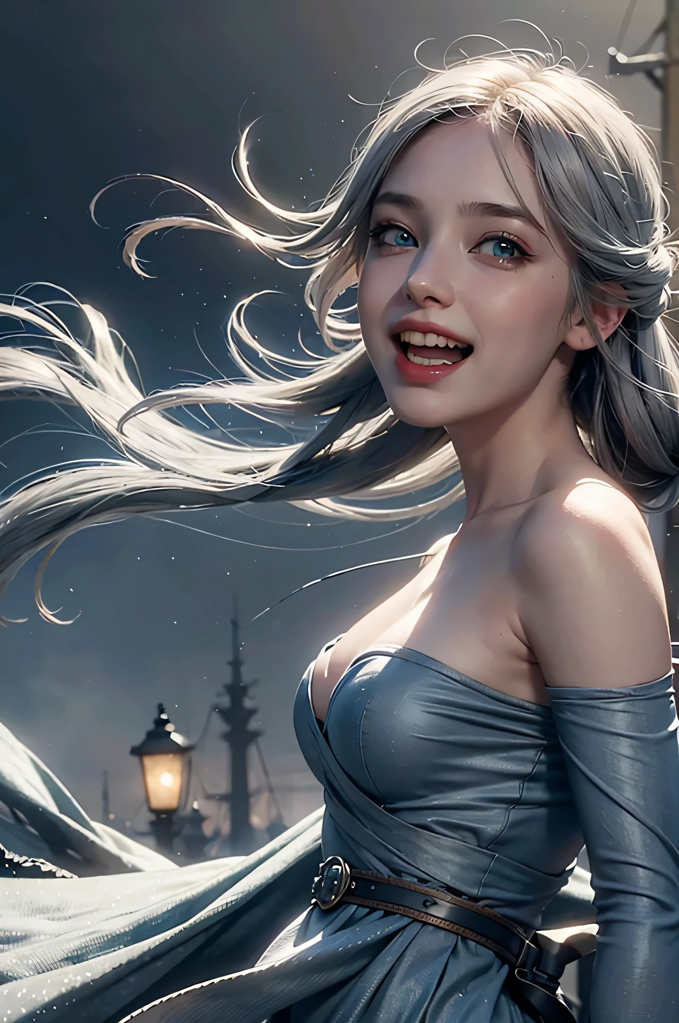 1girl, laughing, grey hair,   blue eyes,, Subtle narrative, festive atmosphere, atmospheric perspective, dynamic movement, ethereal quality,solo,low fantasy,Lively Brushwork, Striking Composition, Psychedelic Imagery,