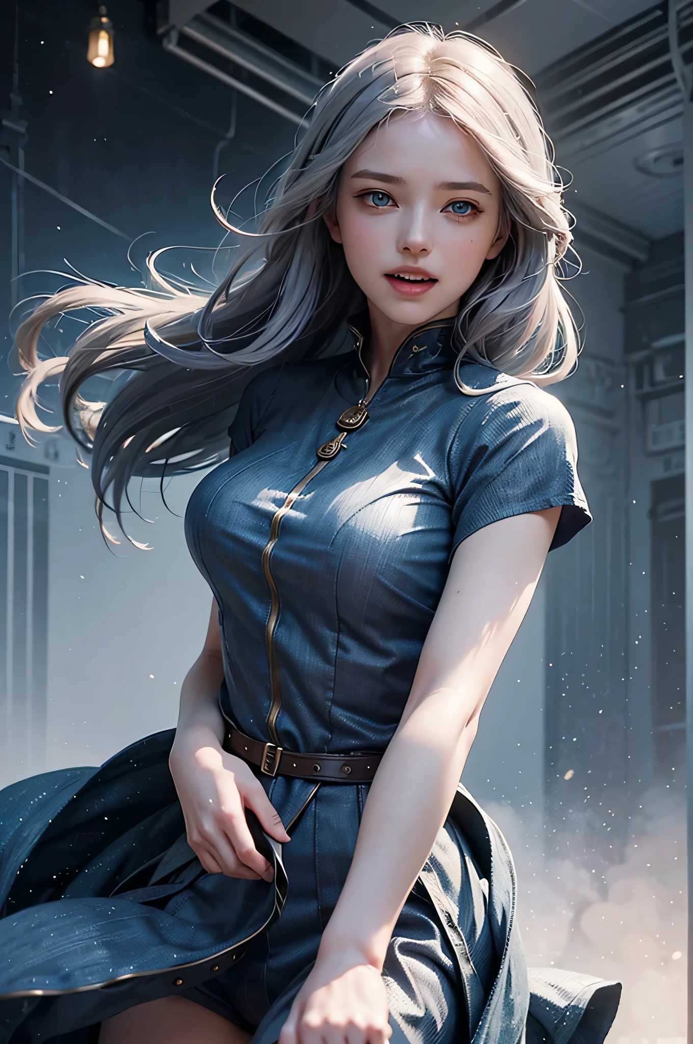 1girl, laughing, grey hair, blue eyes,, Subtle narrative, festive atmosphere, atmospheric perspective, dynamic movement, ethereal quality,solo,low fantasy,Lively Brushwork, Striking Composition, Psychedelic Imagery,