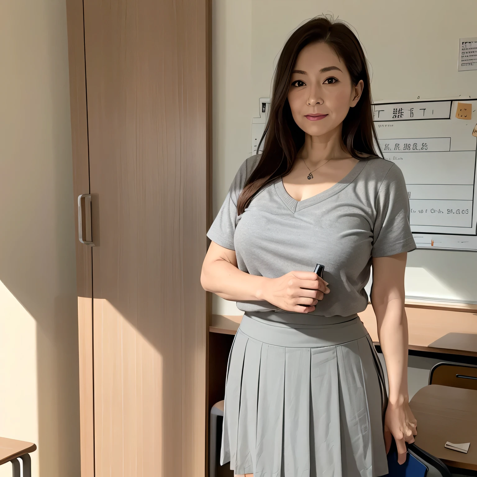 High resolution, High-level image quality, High definition, masterpiece, 8k, Anatomically correct, Professional Lighting, sharp, White Photo, ((Japanese Mature, 90 years old, Beautiful female teacher)), One person, ((Facial wrinkles)), Shapely large breasts, Straight, light brown, long hair that reaches the shoulders, Chubby body type, ((School classroom, Standing upright, holding the attendance book and looking at the viewer)), (((Light grey summer skirt set))), Composition from knee to head