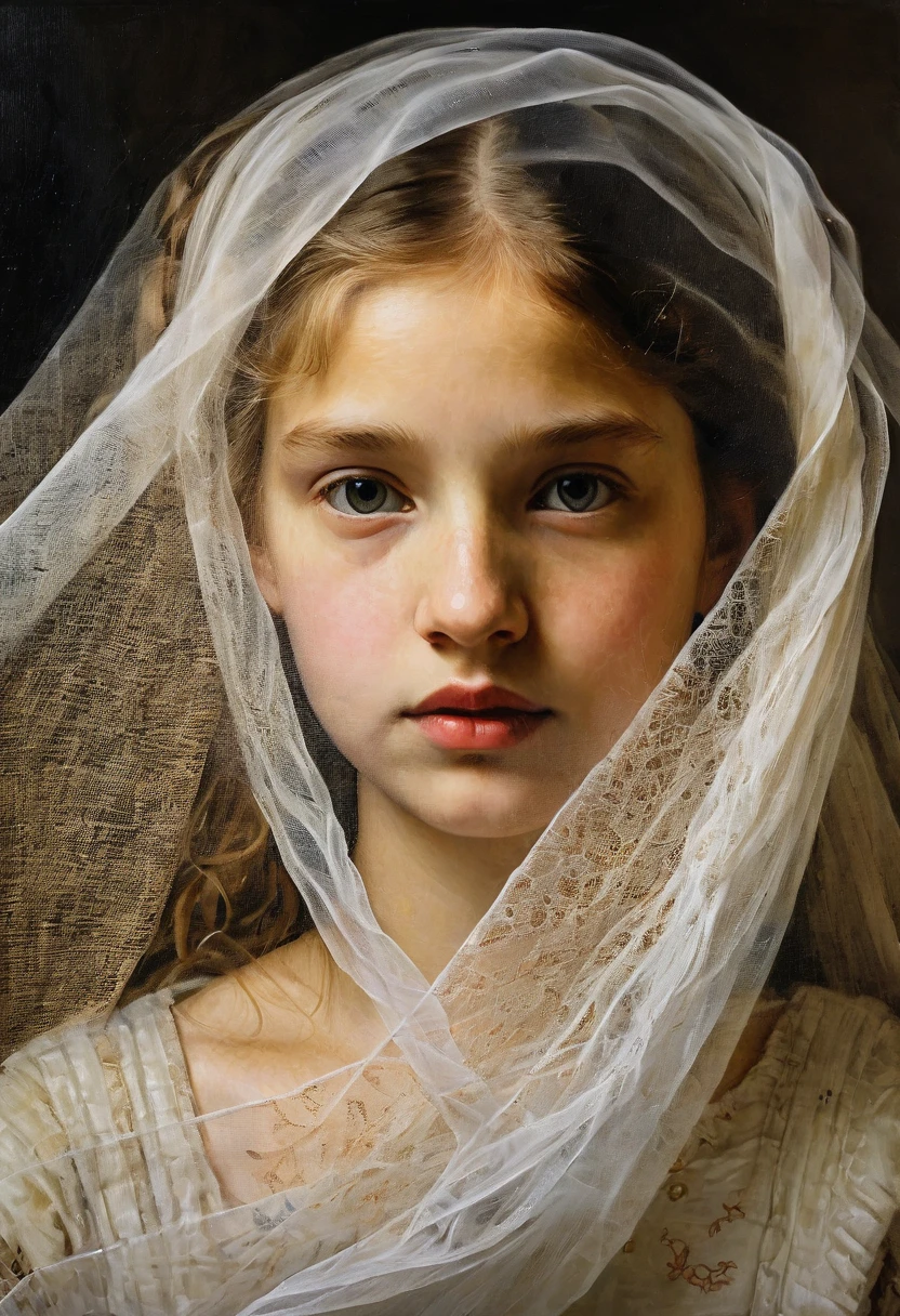 image painting of a {girl's face behind a tulle sheet} in canvas, artist by Rembrandt, acrylic painting, detailed fabric texture, showing the weave and folds