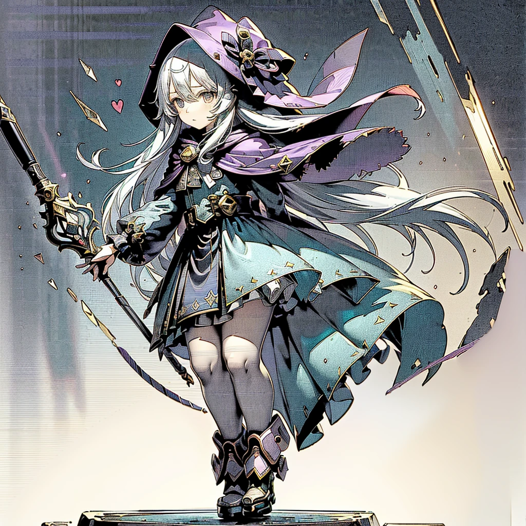1girl,(((Highest quality、Masterpiece、Official Art、The best dynamic composition、Super detailed、Perfect Anatomy)))、Anime Style、White hair and light blue gradient long hair、Black hooded cloak、Mini Pleated Skirt、Baby Face、Holding a giant cute magic wand at an angle with both handagenta Heart Fractal Art、