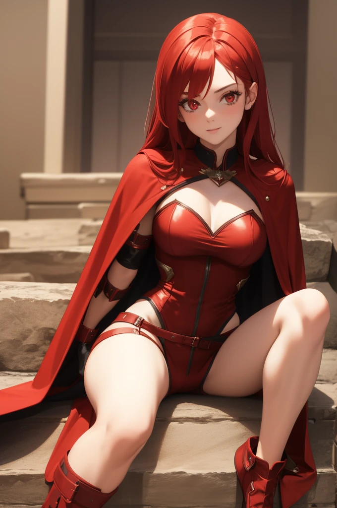 A girl with red hair and red eyes wearing a Revealing female armor set with a red cape in a castle background as a close up face pic of her