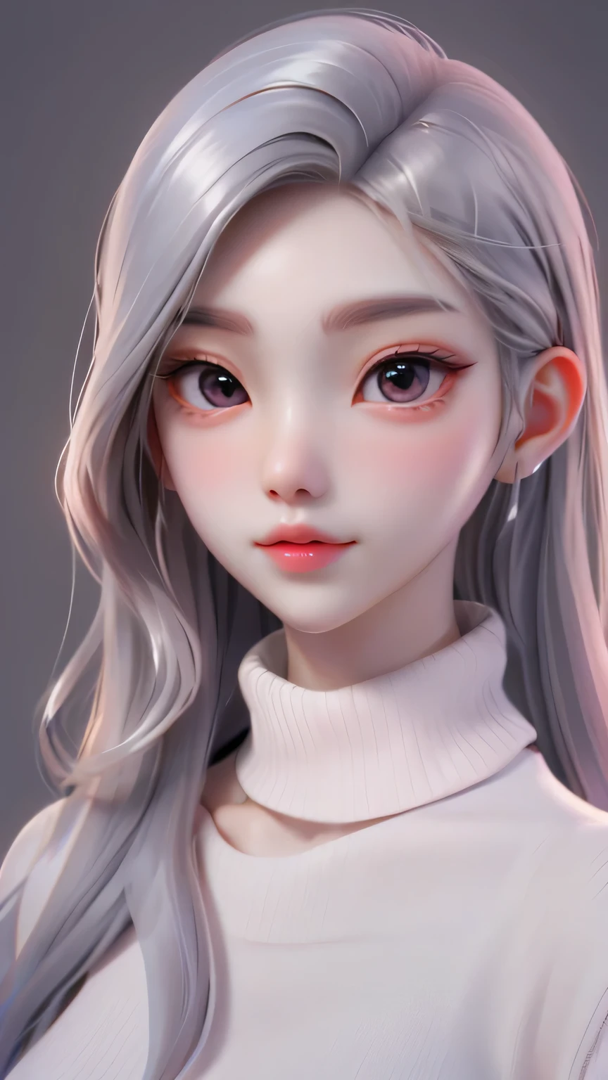 Girl, long straight grey hair, brown eyes, sharp features, white skin, shiny pink lips, perfect, sweater