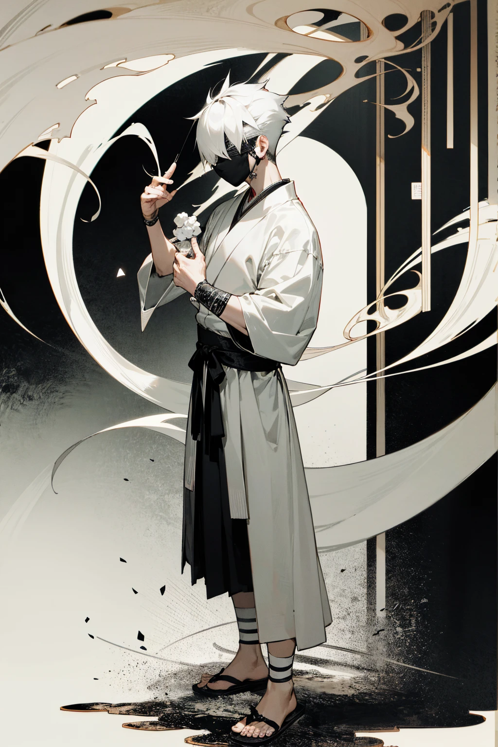 1male, black and white hair, half split hair, short hair, spiked back hair, white bandaged blindfold, calm expression, black and white split haori, traditional japanese background, hands to side, standing on path