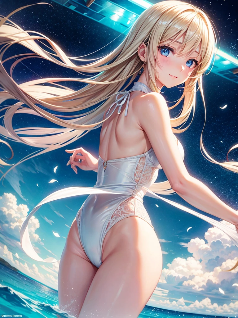 Anime style, super fine illustration, highly detailed, beautiful detailed, pale tone image, super delicate illustration, calm & static image, sexy posing Portrait, static representation, gentle expression, 8k, angle from behind, pretty 1girl with blonde straight short hair & blue eyes & a bright smile & Big breasts & wide hips & pink nipples & soft fair skin is wearing the swimsuit on the beach of caribbean sea, brilliant particles of lights, romantic stories, solo, perfect 5fingers, perfect arms, perfect legs, masterpiece.
