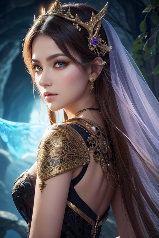 ((Masterpiece,Ultra-high resolution, high resolution, 8k, Fractal Art,Octane, Fantastic,Aesthetic,Intricate details)) From fantasy,Futuristic,The goddess fortune teller who descended from the future,A deeply carved face reminiscent of Nordic mythology,mysterious eyes,Emits a powerful, mysterious aura from bottom to top,Gemstone Garden, Elegant and sophisticated features with perfect shading and realistic skin texture. she (Crystal Eye) It's wonderful.、It is the focus of this image. (she eyes extremely detailed, Beautiful attention to detail, macro). she eyes feature intricate detailing with clearly defined irises and bright sclera. sheはクラシックな模様のロングドレスを着ている,Long sleeve,A dress made of jewels and details,soft lips are smooth and very puffy, sheの肌は淡い紅潮と華麗なクラシカルな模様で飾られている. she long gown is stunning and expensive, Made of pure flame and brilliant light,Gorgeous jewels that sparkle in the light.