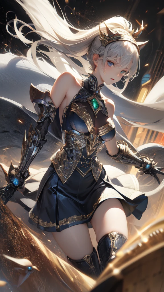 ((Highest quality)), ((Truly a masterpiece)), ((Ultra-detailed:1.4)), ((Ultra-Photorealistic 3D)), Android Magical Girl, Mechanical body, Dynamic action poses for battle scenes, Very complex and heavy fighter aircraft mechanical armament, Off-the-shoulder fashion that combines steampunk and gothic lolita with attention to detail, Intricate steampunk headgear, Very thin、Over-the-knee reggae mechanical boots、Fluttering lace flare mini skirt、 Beautiful small breasts directed upwards、Swaying in the Wind、Long, curly silver hair,、Countless large, shining spheres fly around、Lots of sparks cross and fly、Countless neon lights pouring down from the magical pose、Complex and precise mechanical Night City、Very dark background、Very dramatic and cinematic lighting、Big wings on the back8Growing in Sheets。