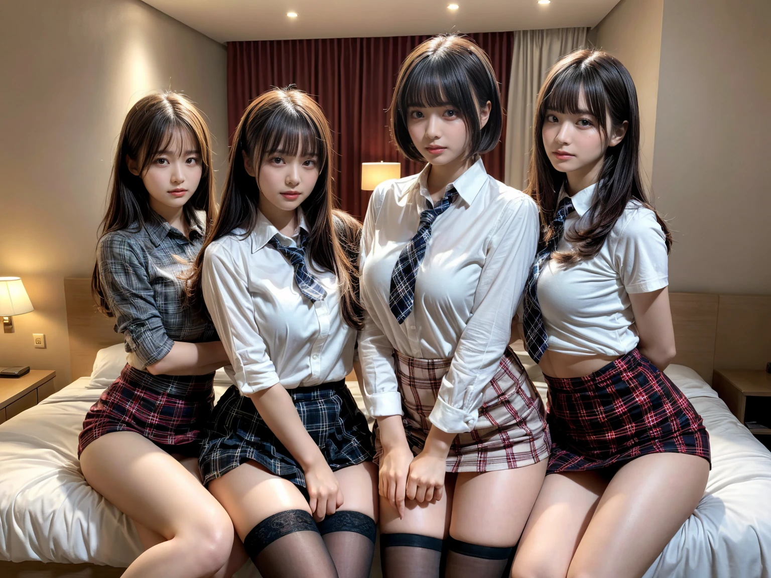 masterpiece, best quality, illustration, Super detailed, fine details, High resolution, 8K,wall paper, perfect dynamic composition,(Details High quality, realistic depiction of eyes:1.3), (3 girls), (white school shirt :1.2), (plaid skirt :1.3), tie black, black thigh-high stockings, sitting, open legs, short bob hair, in a hotel room in the background, deep on field, large breasts, black hair color, Big Natural Color Lip, (perfect body shape), crying a little、Harajuku style、20 year old girl、cute type、beautiful legs, Gravure Idol