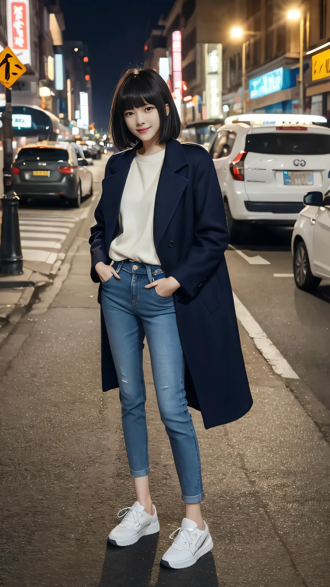 , Full body photo、two women standing、smile、Black Hair、Short Haircut、(work of art, high qualiy) Woman in coat、Skinny jeans、sneakers、The background is the city at night