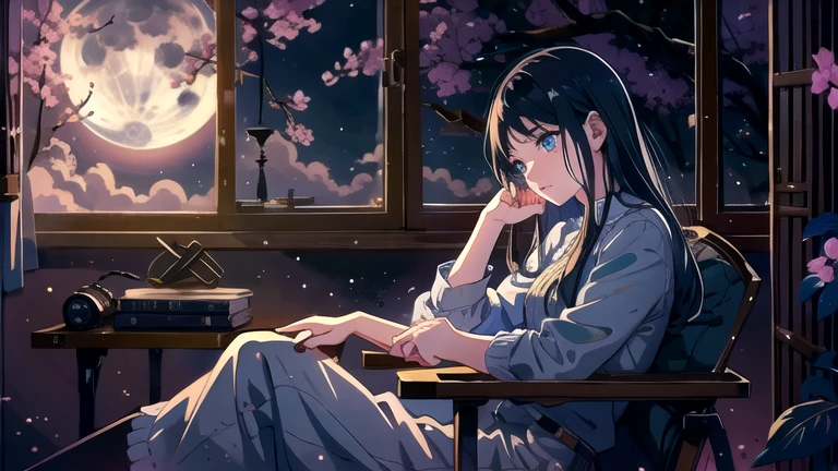 Create an illustration of a girl with black hair and blue eyes, sitting in a chair in front of a desk, Sentimental, Introspective look。, The moonlight gently shines into the room, Gently illuminate the space, Curtains sway in the wind, Increase tranquility, Dark mood, Emphasise the theme of loneliness, silence, And the depths of night, The room is dark、dimly lit by the moonlight