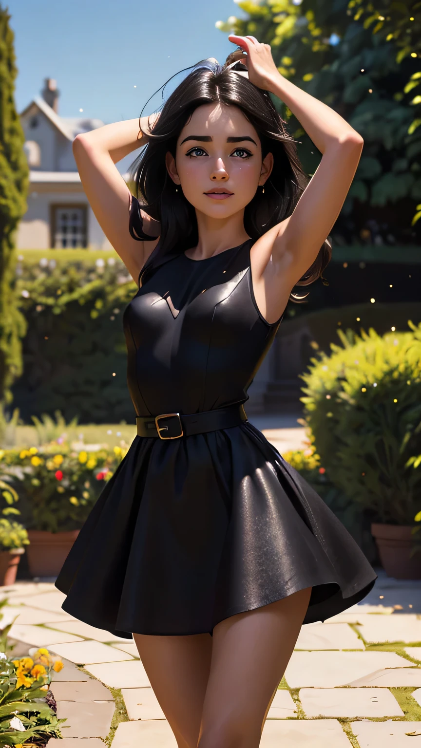 Hyper-realistic photo of Willa Fitzgerald, work of art, best qualityer, (photorrealistic:1.4), (black dress with glitter:1.1), jumping, in the beautiful garden, Sunnyday, Cinematic Light, beautfull woman, skinny, breasts small, straight black hair, face detailed, ssmile, photo taken from a distance, 20 year, old tears