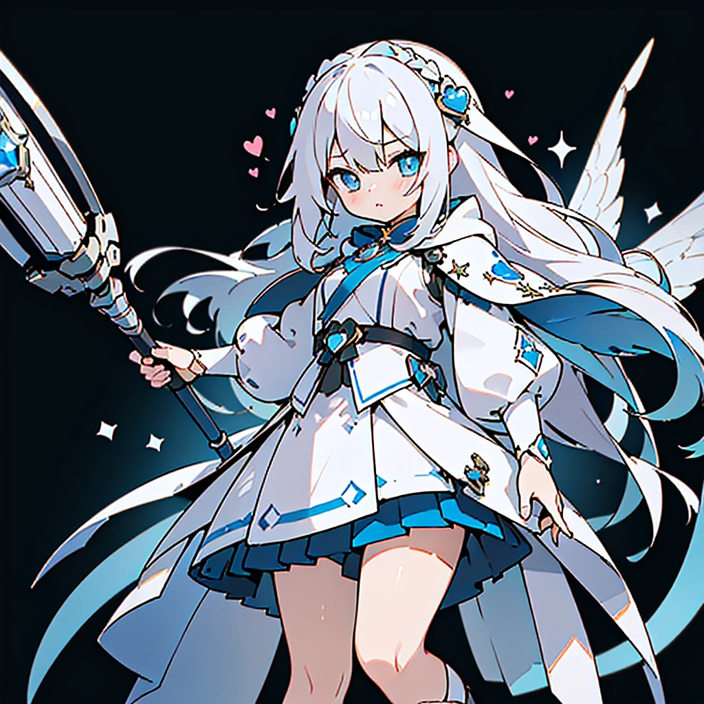 1girl,(((Highest quality、Masterpiece、Official Art、The best dynamic composition、Super detailed、Perfect Anatomy)))、Anime Style、White hair and light blue gradient long hair、Black hooded cloak、Mini Pleated Skirt、Baby Face、Holding a giant cute magic wand at an angle with both handagenta Heart Fractal Art、